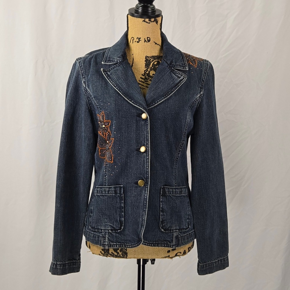 Christopher & Banks Denim Blazer‎ Jacket Women's M Floral Embroidered Rhinestone